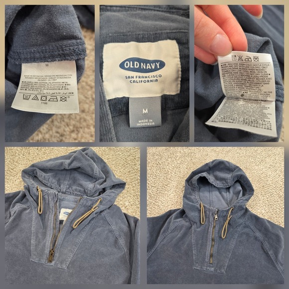 Old Navy Blue CORDUROY Anorak Jacket Adult Hooded M Pullover Pocket - Picture 3 of 7